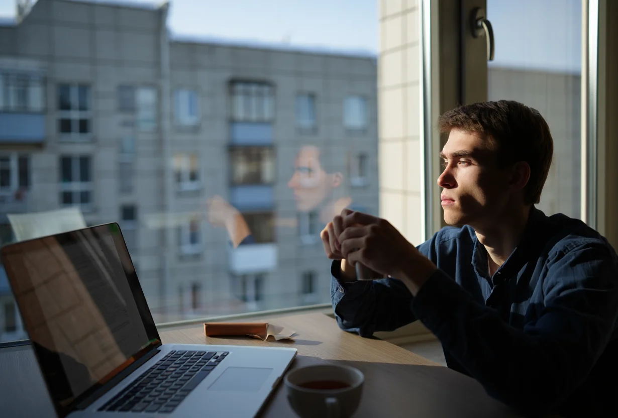 Мужчина смотрит в окно
